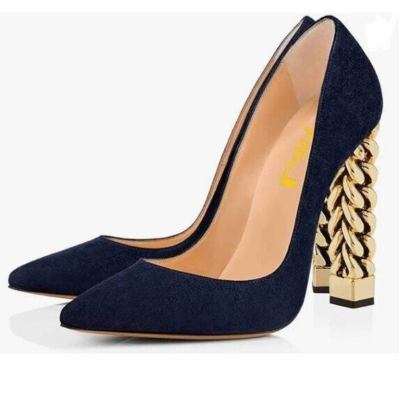 FSJ Shoes - FSJ Navy Suede Gold Metal Chain Chunky High Heel Pointed Toe Slip On Prom Shoes